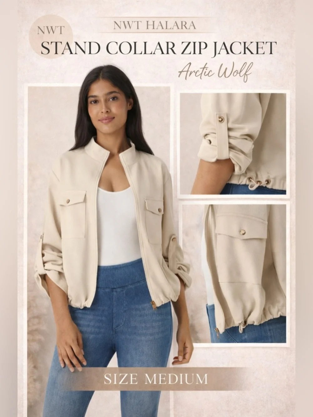 Halara Stand Collar Zip Jacket M Beige Arctic Wolf Drawstring Hem Casual - Picture 1 of 8